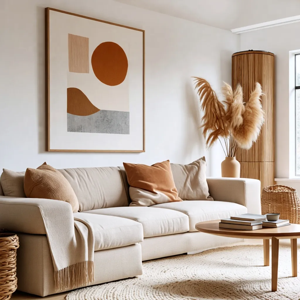 Acogedor espacio con arte minimalista y detalles naturales.