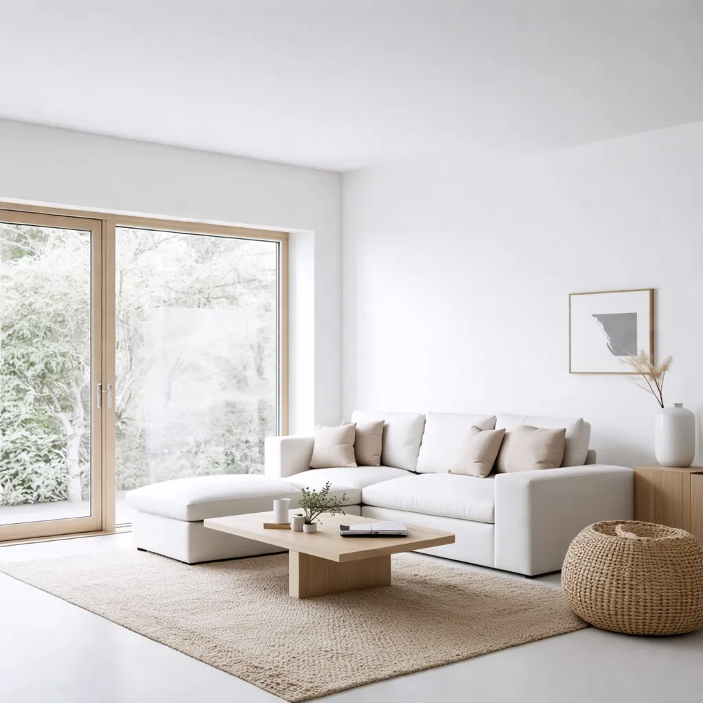 Acogedor espacio interior con ventana panorámica y muebles minimalistas.