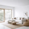 Acogedor espacio interior con ventana panorámica y muebles minimalistas.