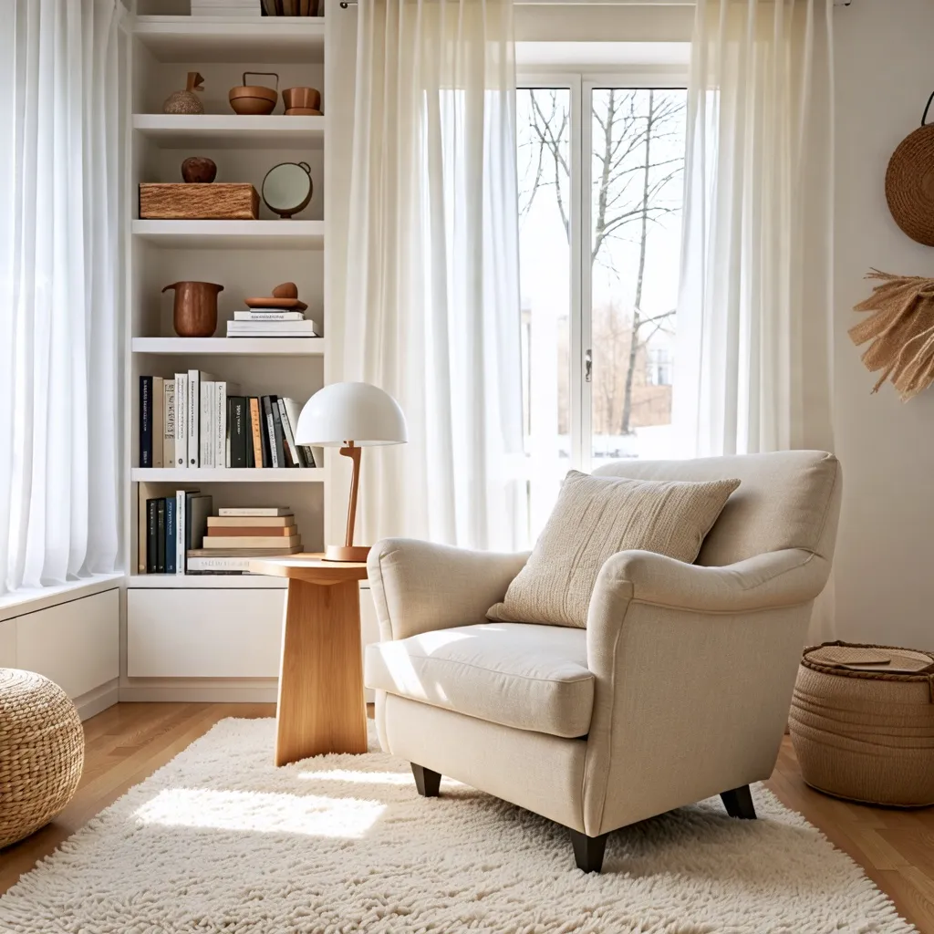 Acogedor espacio de lectura, diseño minimalista y natural.