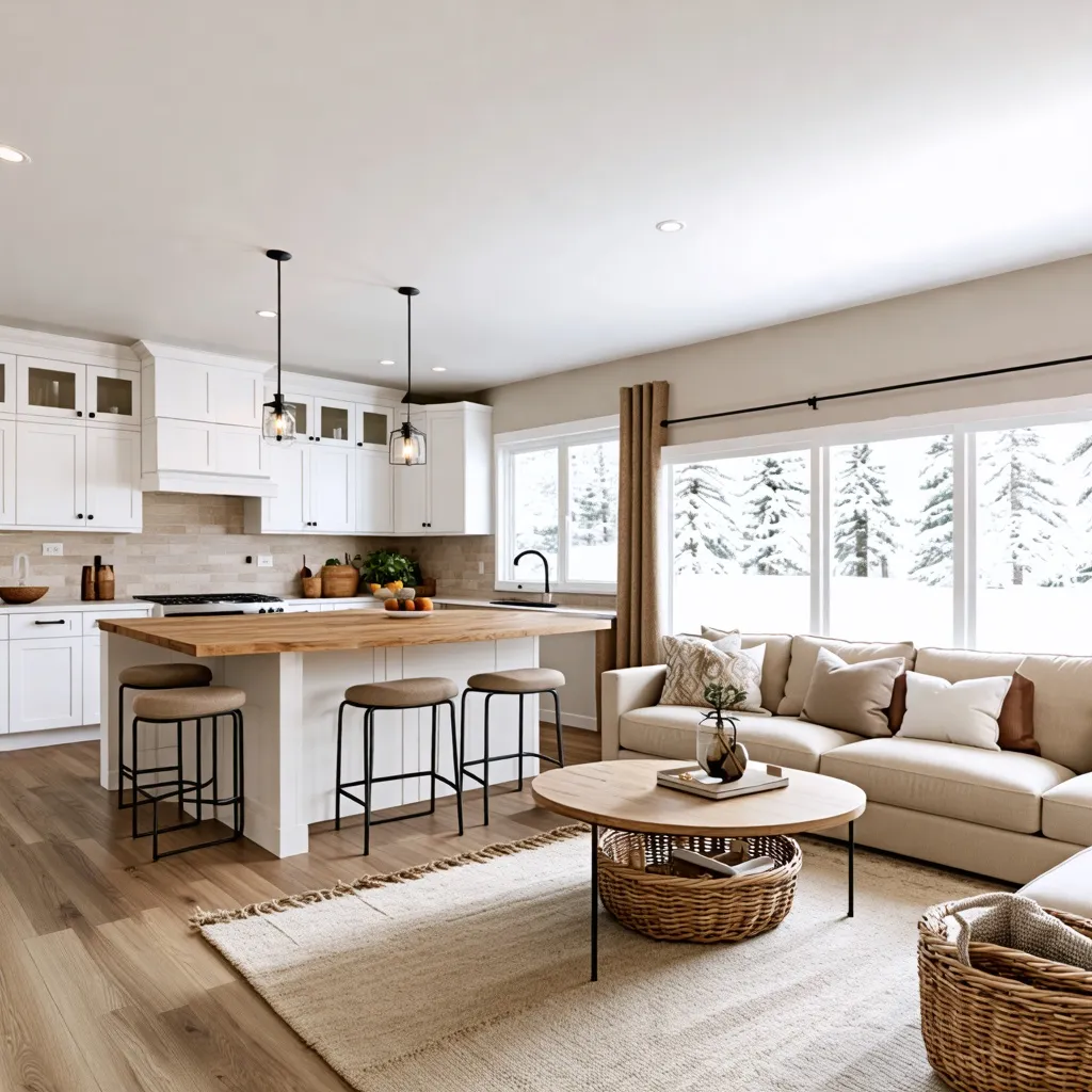 Acogedor hogar invernal con cocina y sala de estar.