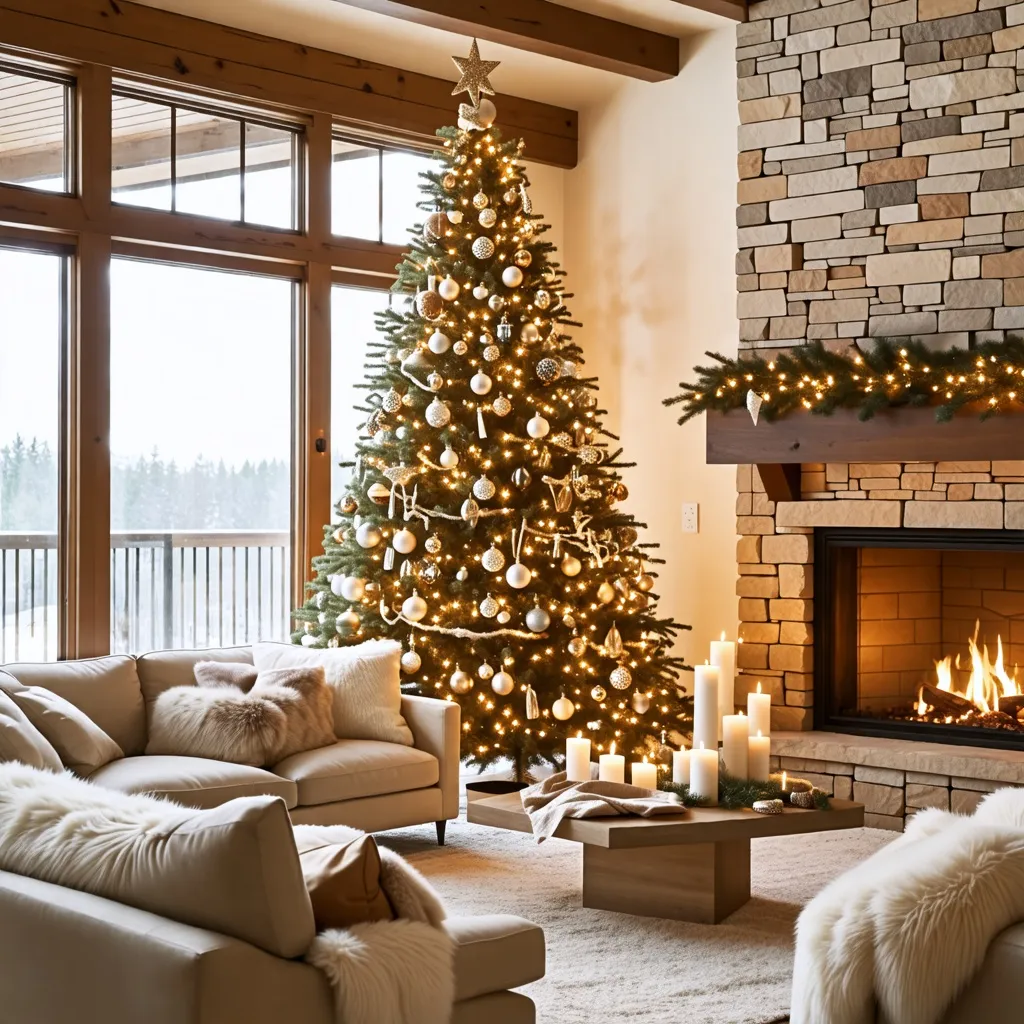 Acogedor hogar navideño con árbol iluminado y chimenea cálida.