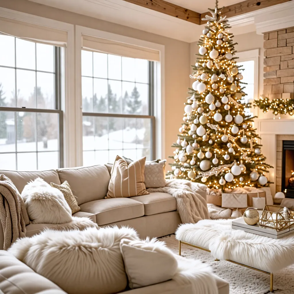 Acogedor hogar navideño con árbol iluminado y decorado.