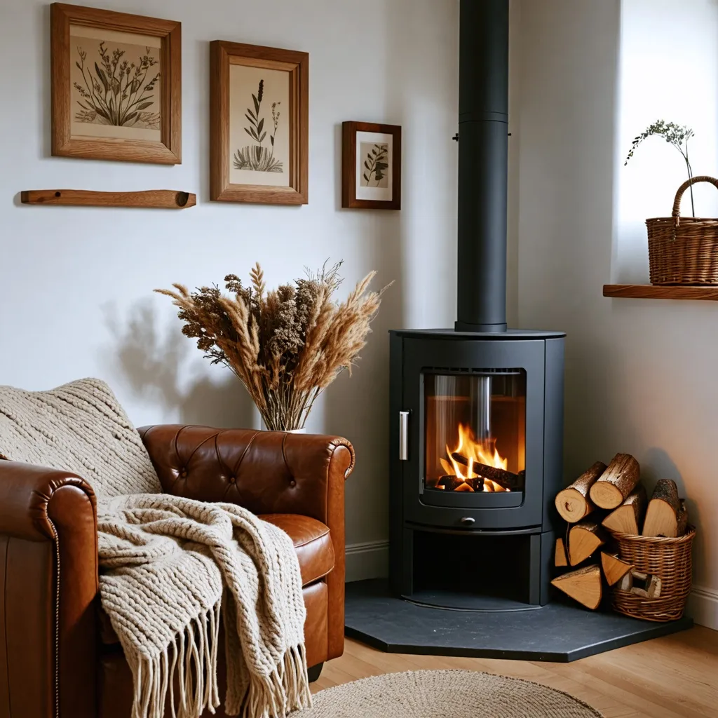 Acogedor rincón con chimenea y decoración natural.