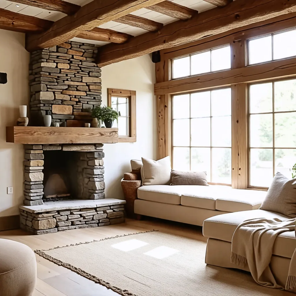 Acogedor rincón con chimenea de piedra y amplios ventanales.
