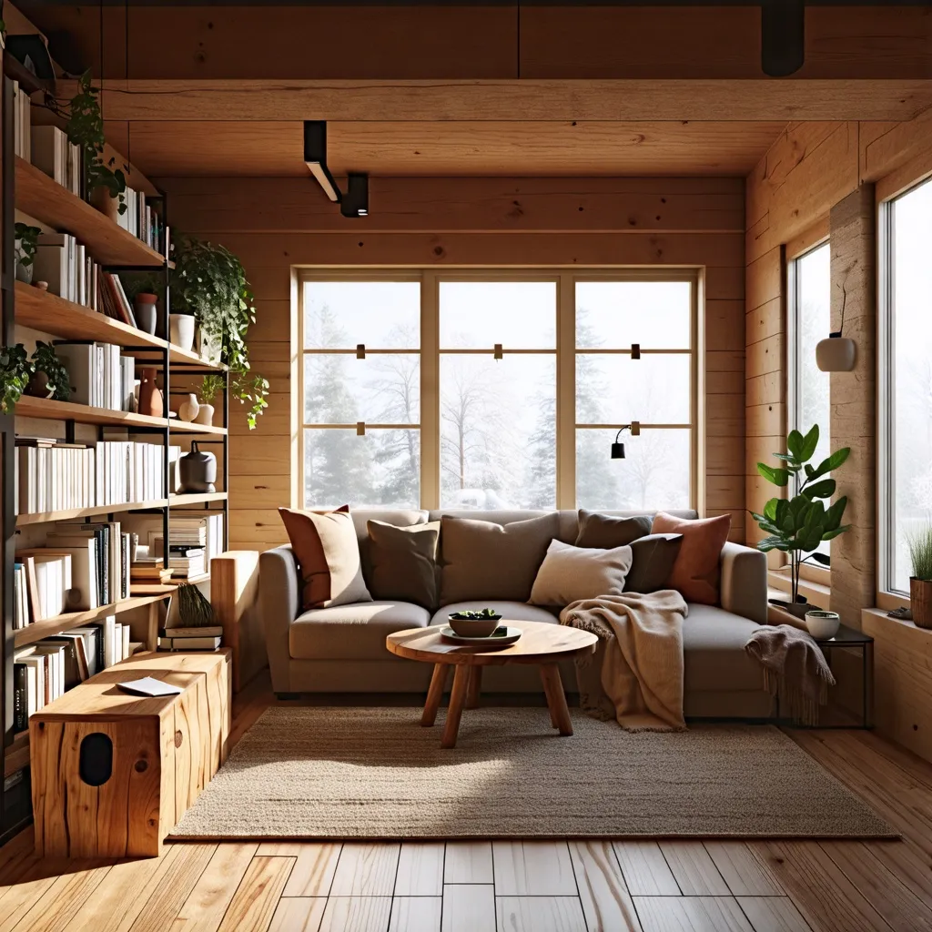 Acogedor rincón de lectura en cabaña de madera con vistas nevadas.
