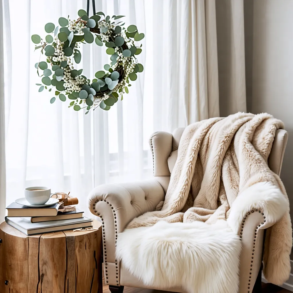 Acogedor rincón de lectura con decoración navideña elegante.