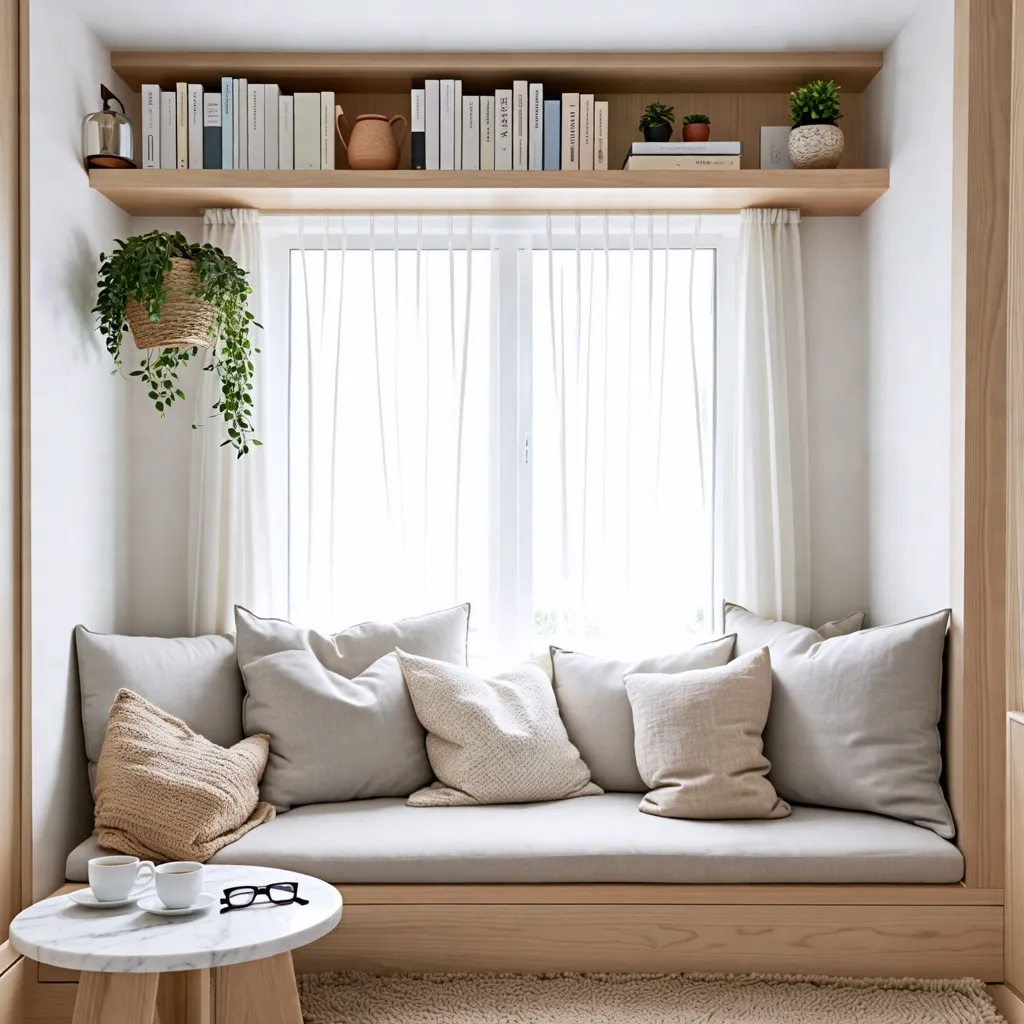 Acogedor rincón de lectura con estantería y plantas.