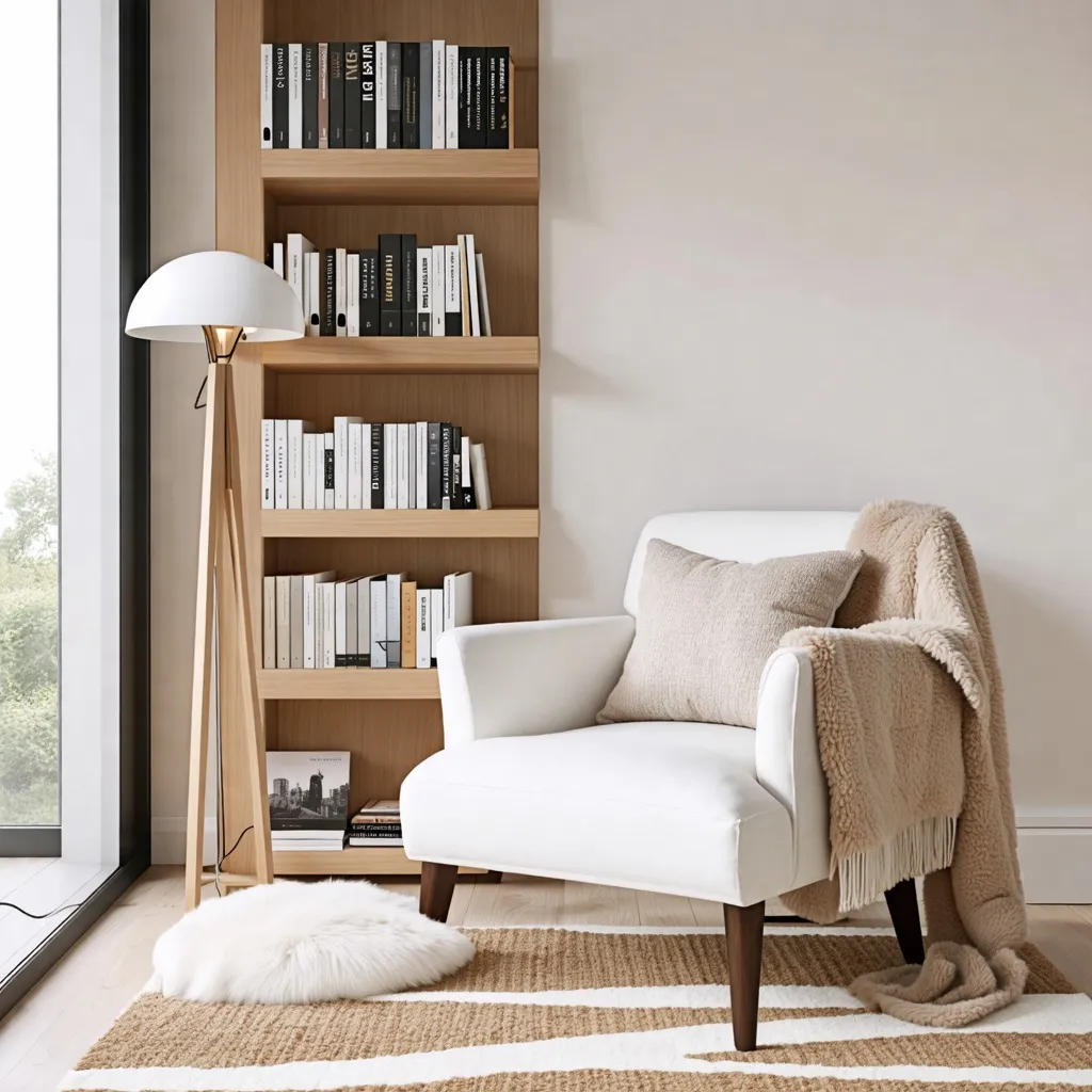 Acogedor rincón de lectura con estantería y sillón blanco.