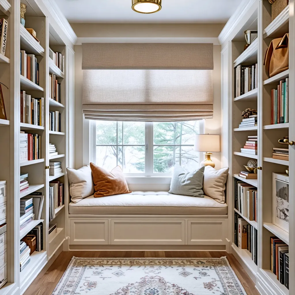 Acogedor rincón de lectura con estantes llenos de libros.