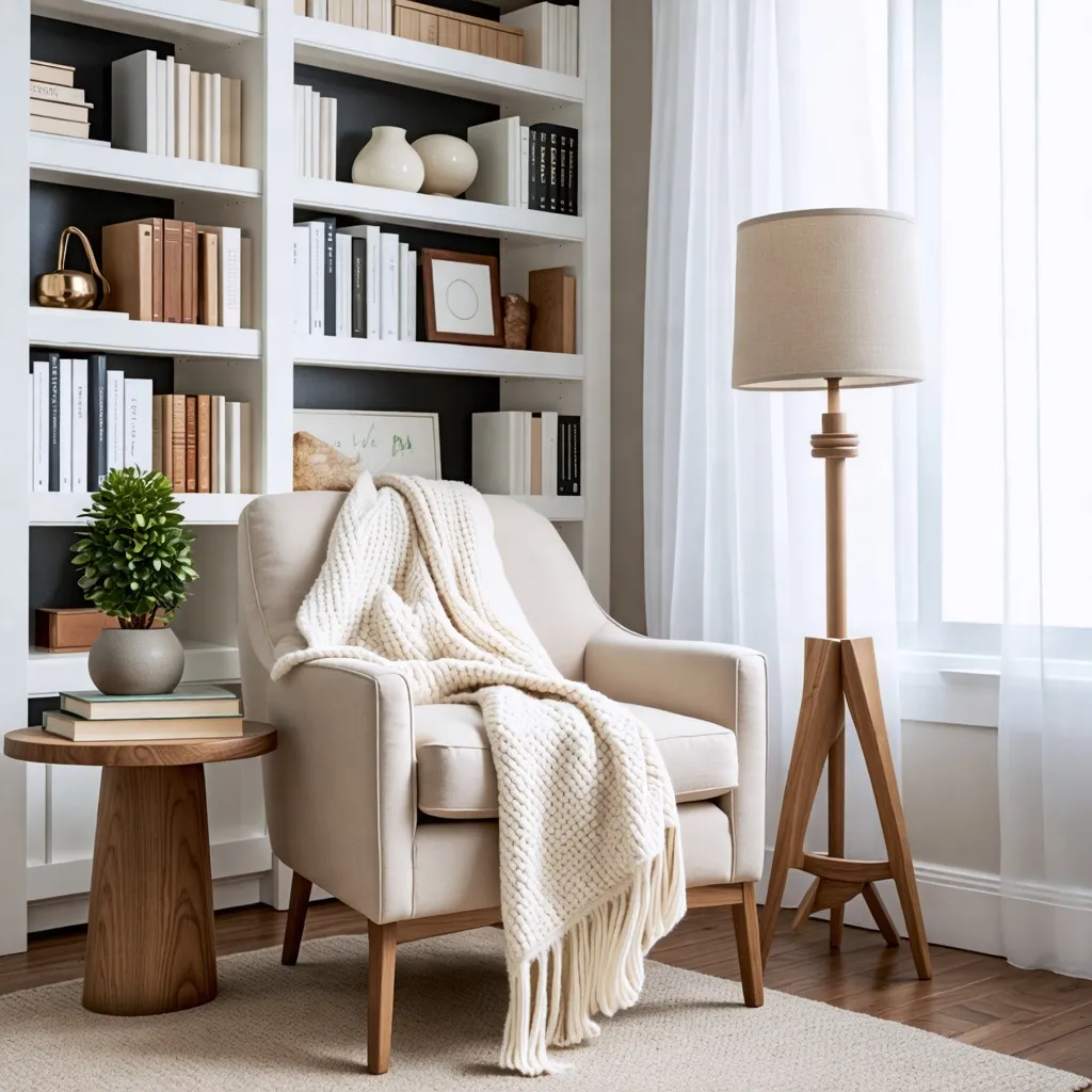 Acogedor rincón de lectura en un hogar moderno y minimalista.