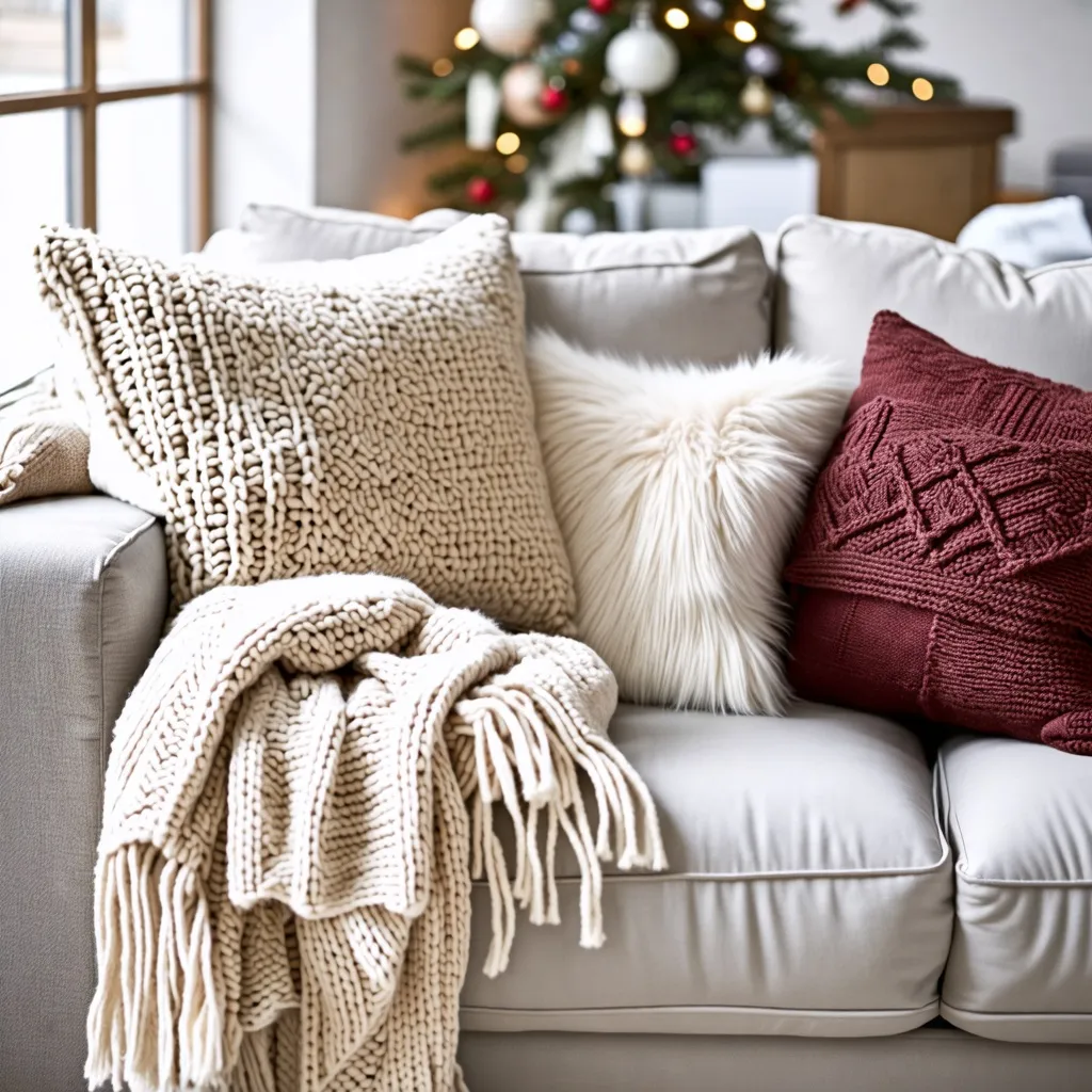 Acogedor rincón navideño con detalles textiles y decorativos.