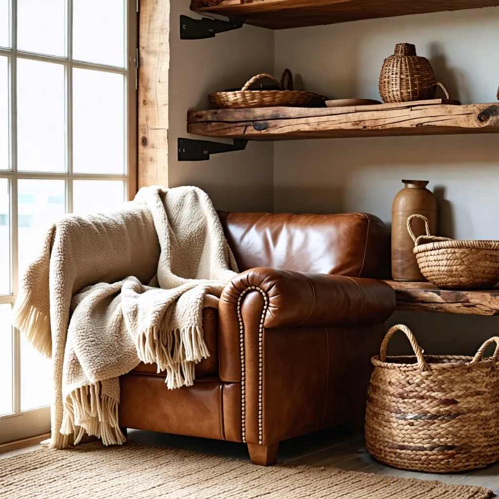 Acogedor rincón rústico con muebles de madera y mimbre.
