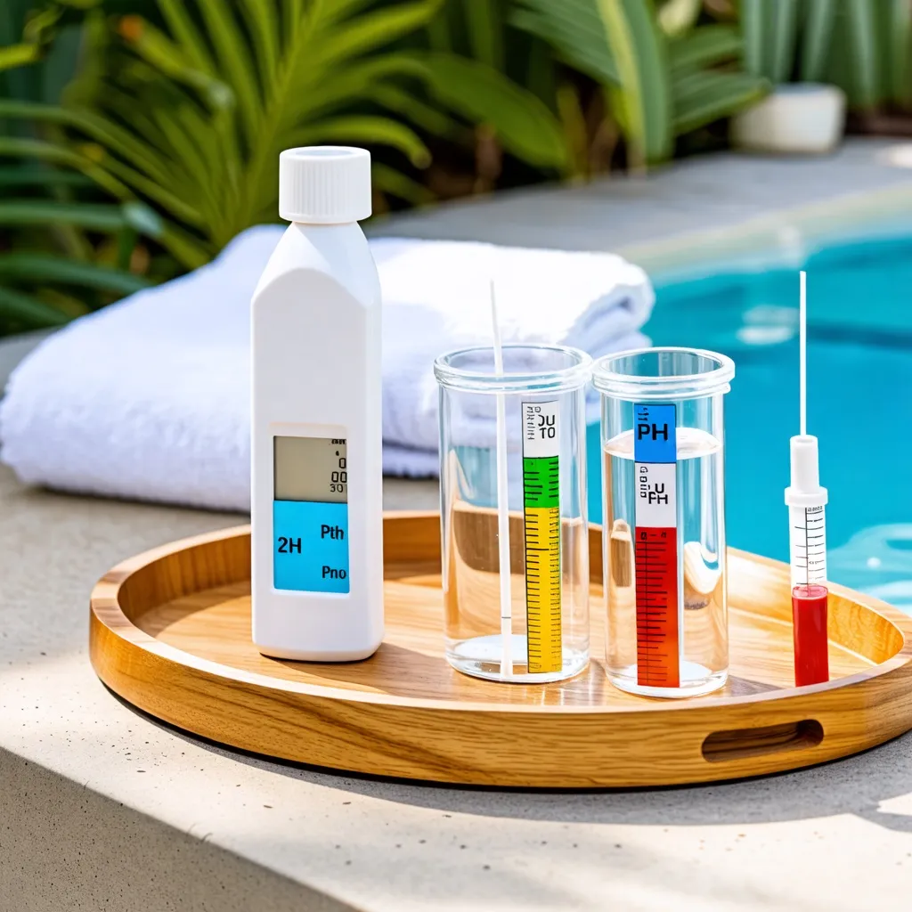 Análisis químico del agua de la piscina: medición del pH y cloro.