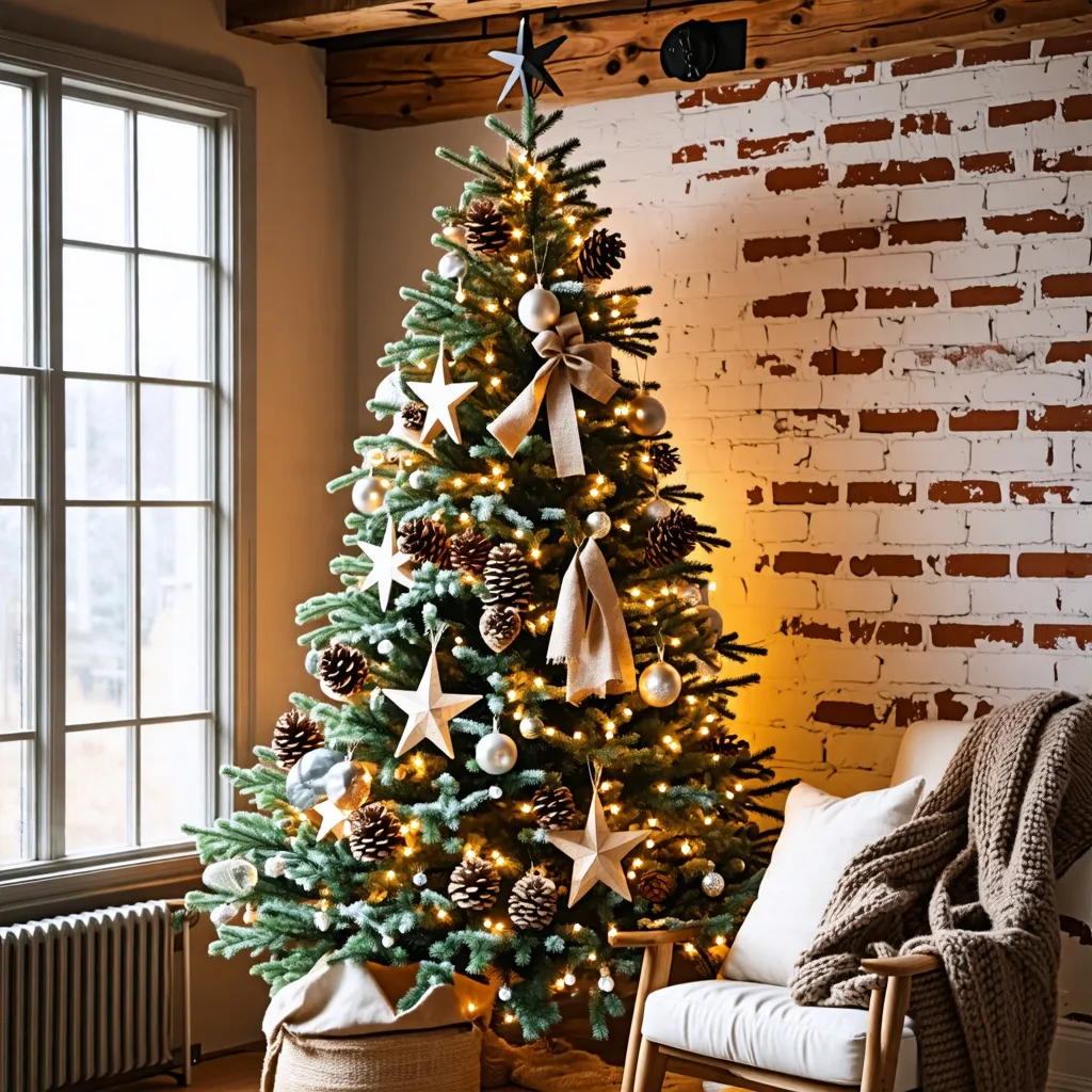Árbol de Navidad acogedor en sala rústica con decoración de estrellas y piñas.