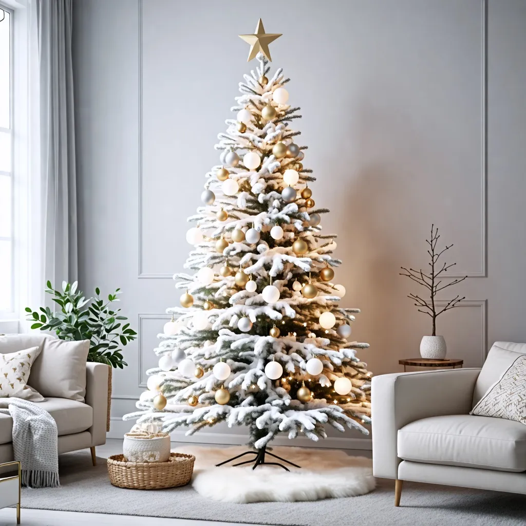 Árbol de Navidad blanco y dorado, decorado con elegancia en sala de estar.