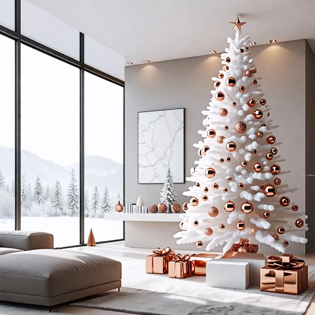 Árbol de Navidad blanco y dorado en sala de estar moderna.