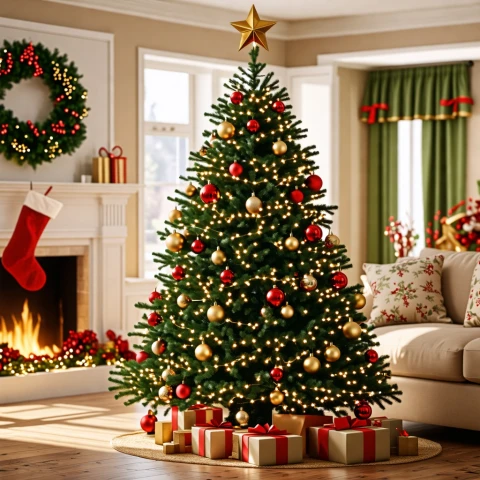 Árbol de Navidad brillante y acogedor en sala de estar festiva.