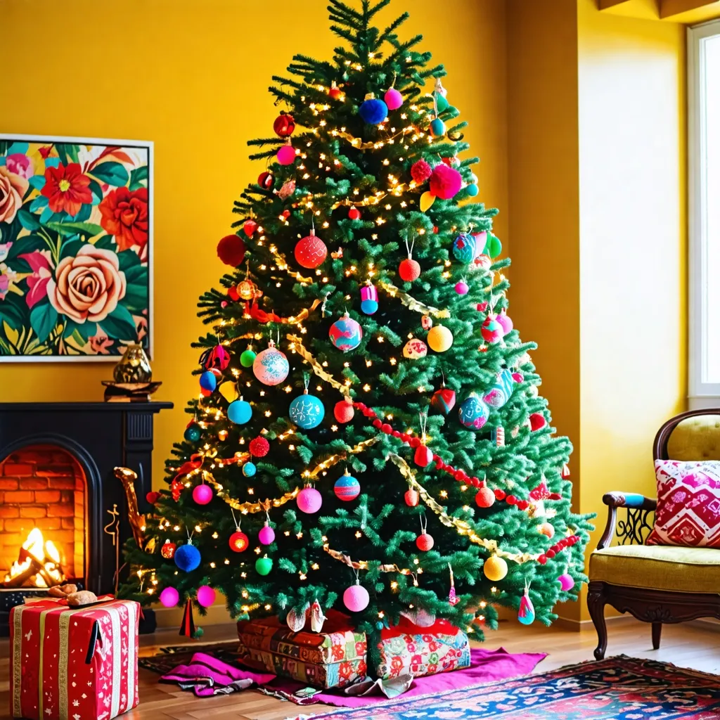 Árbol de Navidad brillante y colorido en un acogedor hogar.
