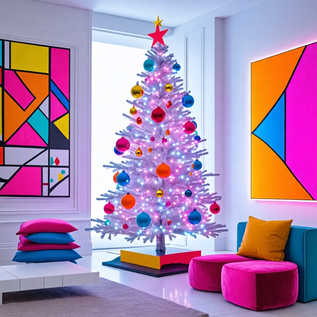 Árbol de Navidad brillante y colorido en un acogedor hogar moderno.