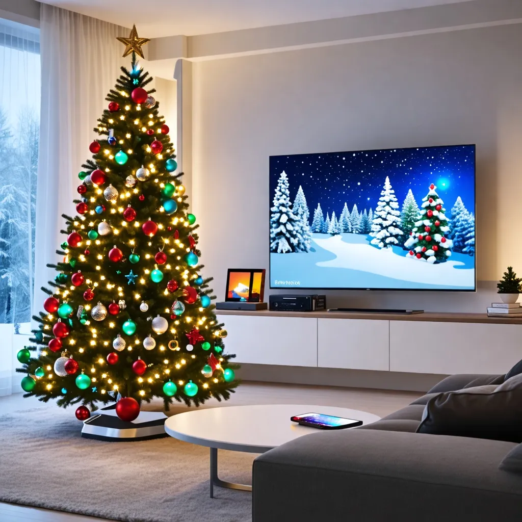 Árbol de Navidad brillante en sala de estar acogedora.