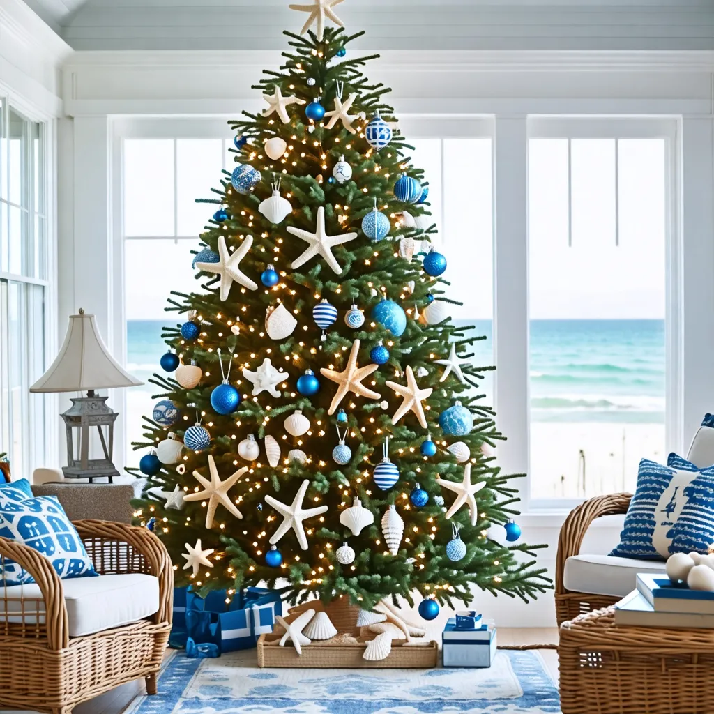 Árbol de Navidad con decoración marina para una Navidad costera.