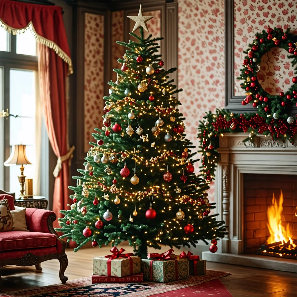 Árbol de Navidad decorado en una acogedora sala de estar.