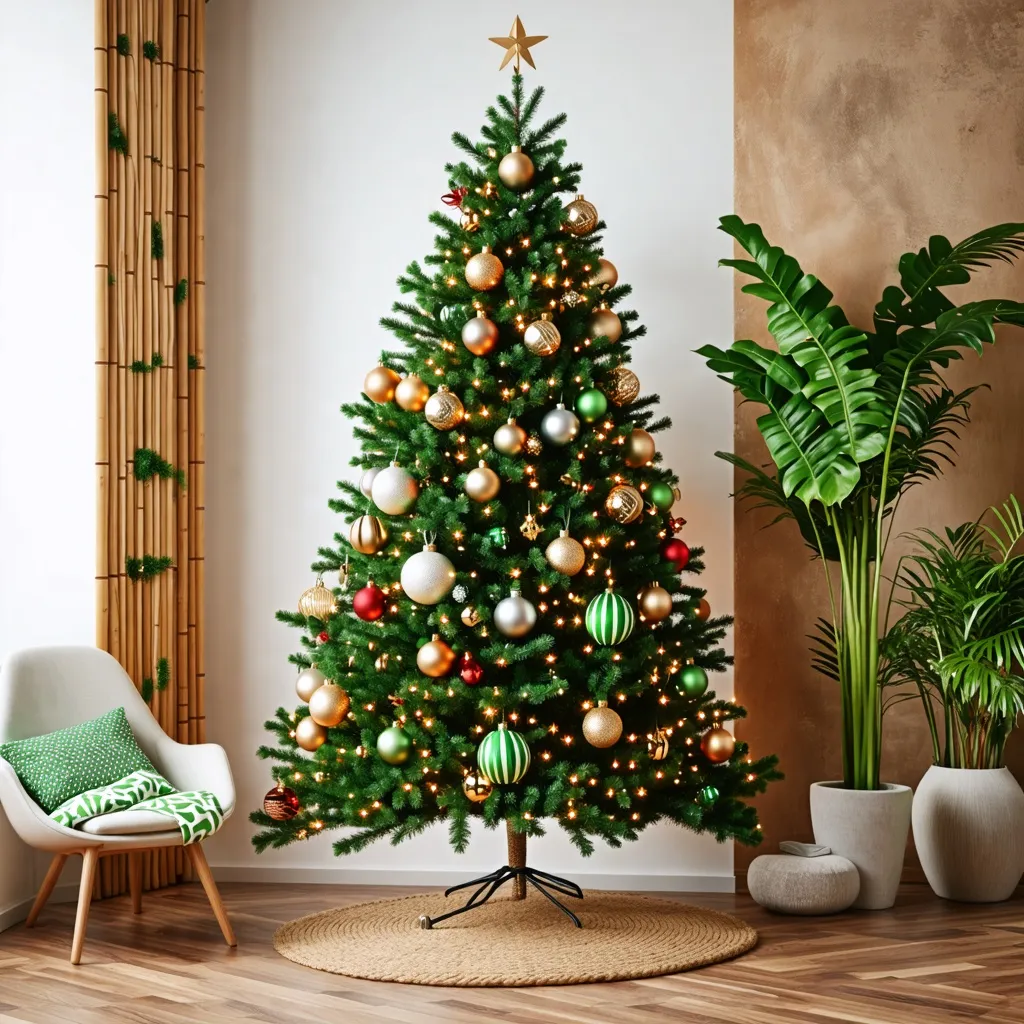 Árbol de Navidad decorado con bolas y luces en un acogedor hogar.