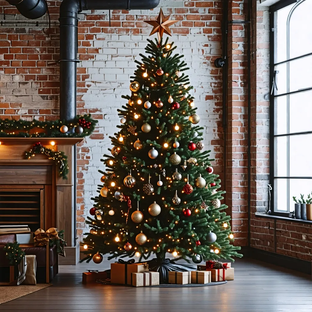 Árbol de Navidad iluminado en un interior acogedor.