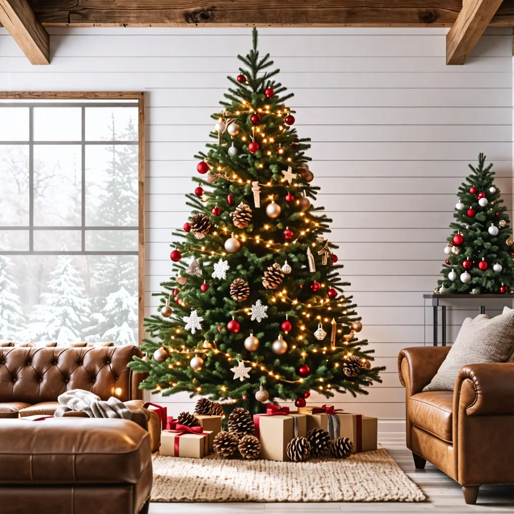 Árbol de Navidad iluminado en sala acogedora de madera.
