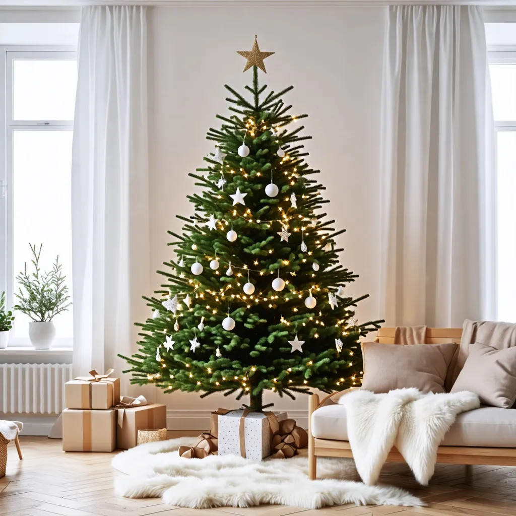 Árbol de Navidad iluminado en sala de estar acogedora.