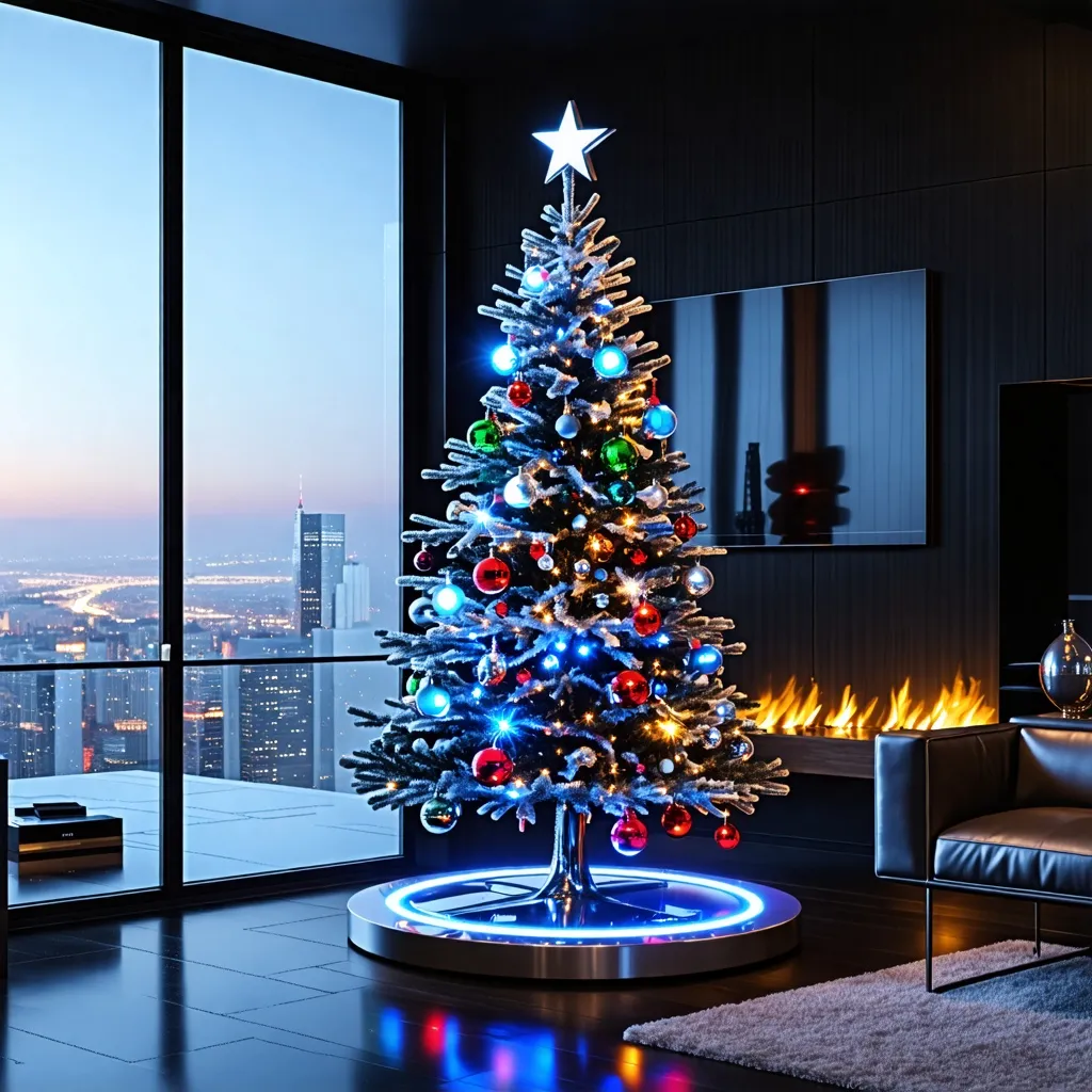 Árbol de Navidad iluminado con vista panorámica de la ciudad.