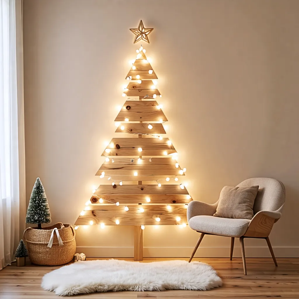 Árbol de Navidad de madera iluminado, acogedor rincón navideño.