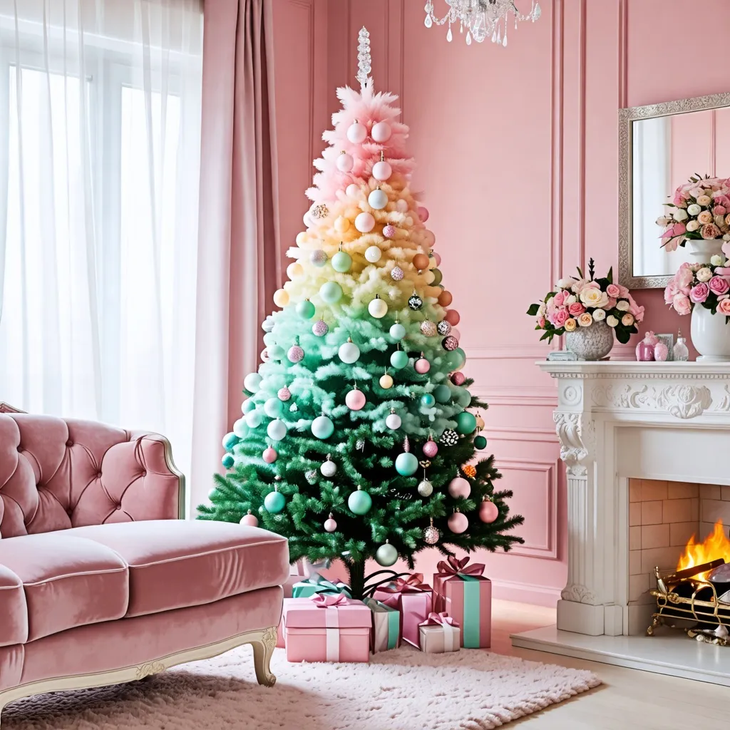 Árbol de Navidad multicolor en elegante sala rosa.
