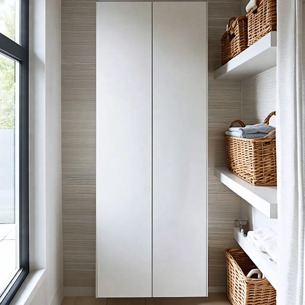 Armario blanco y cestas de mimbre en elegante diseño de baño.