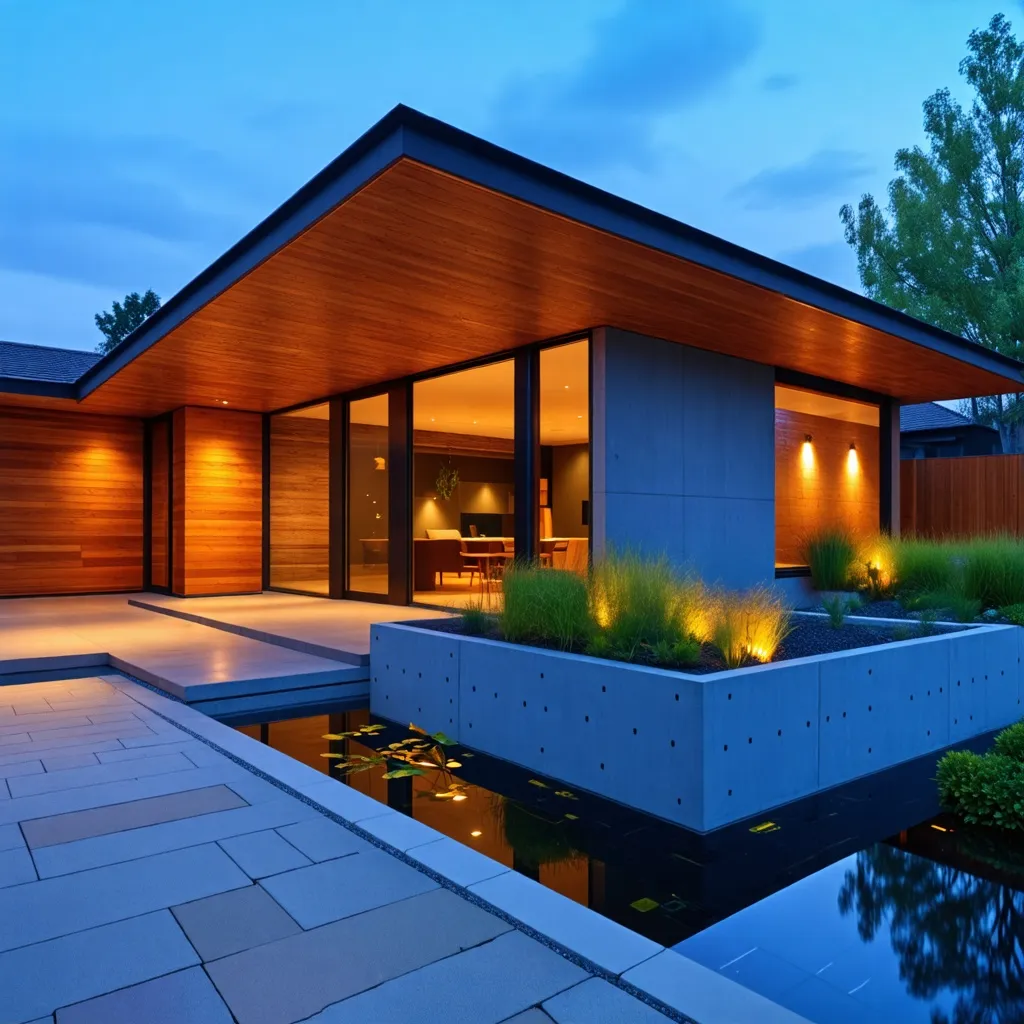 Arquitectura moderna y elegante con diseño de jardín y estanque.