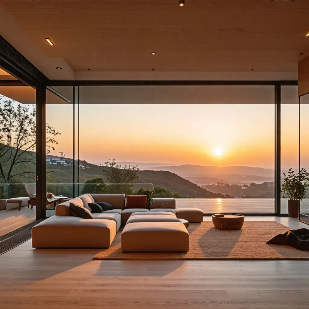 Atardecer de ensueño en una lujosa sala con vistas panorámicas.