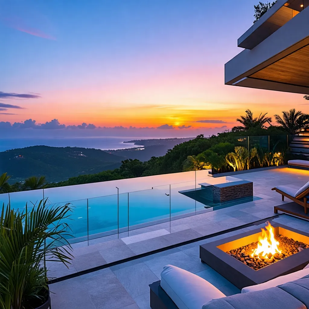 Atardecer tropical, piscina infinita y hogar de lujo con vistas panorámicas.