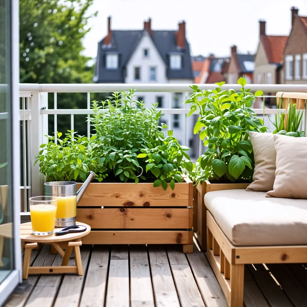 Balcón acogedor con plantas aromáticas y muebles de madera.