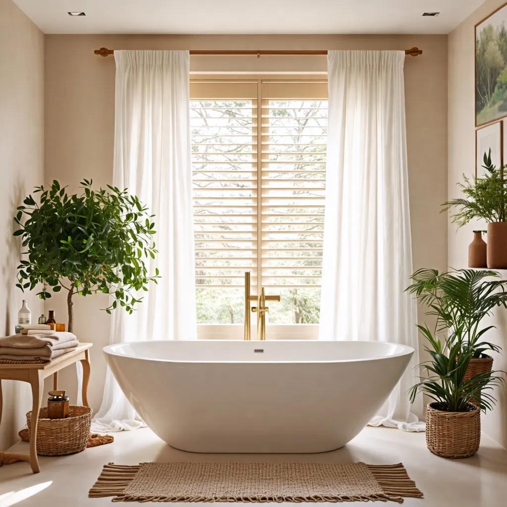 Baño acogedor con bañera y plantas, diseño natural y relajante.