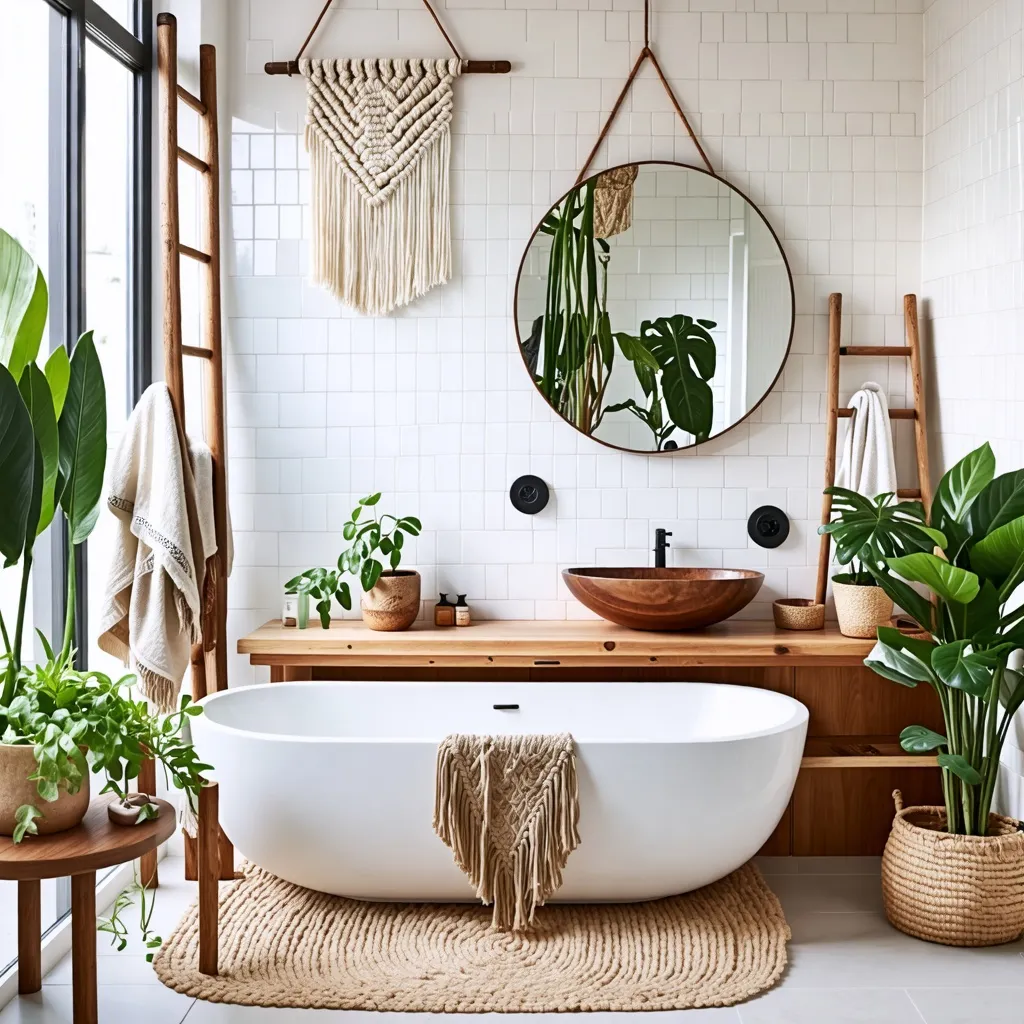 Baño acogedor y natural con decoración bohemia y plantas.