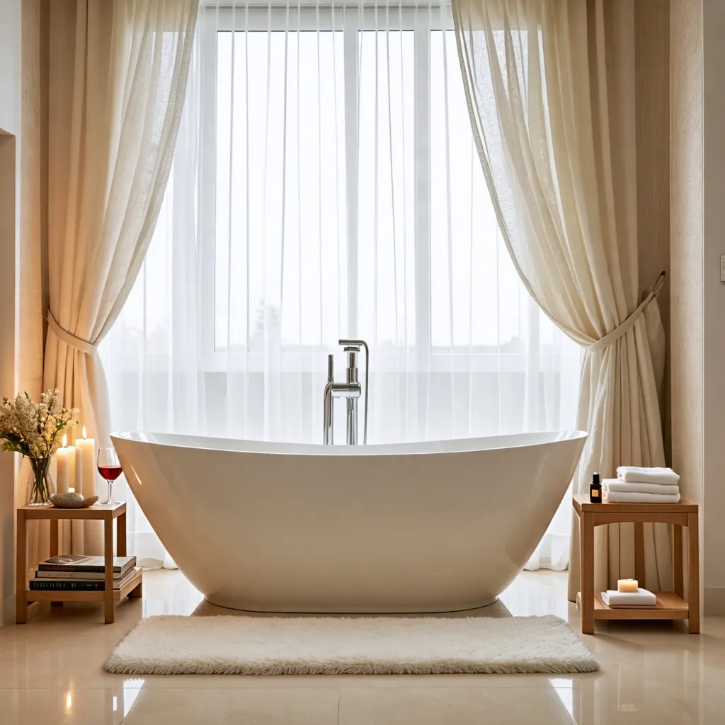 Baño elegante y acogedor con bañera y decoración natural.