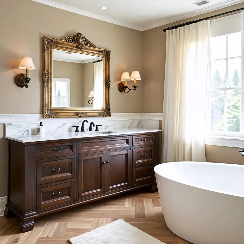 Baño elegante con espejo dorado y mueble de madera oscura.