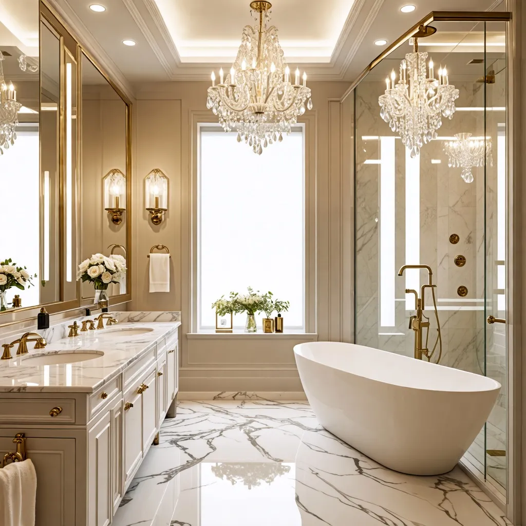 Baño elegante y lujoso con detalles dorados y mármol.