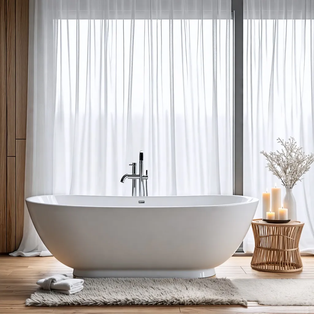 Baño elegante y luminoso, con bañera y detalles de madera.
