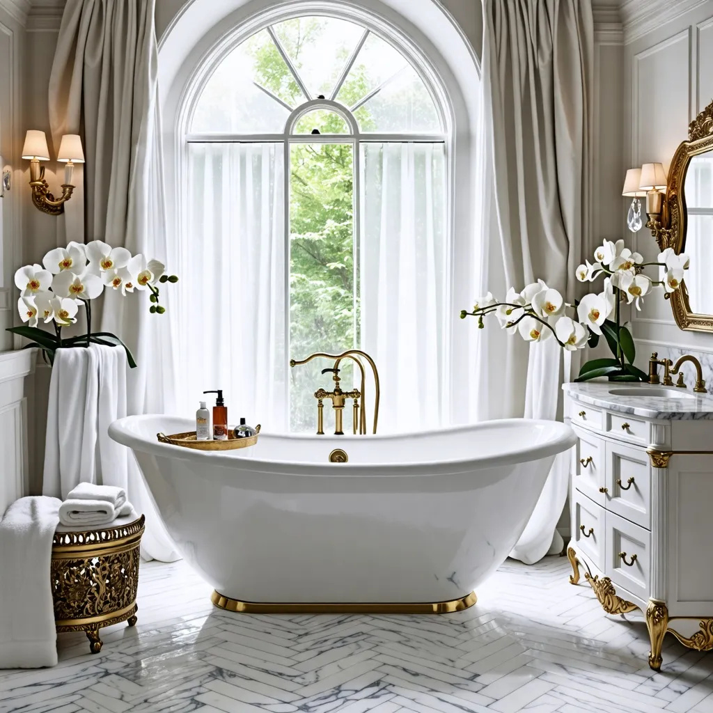 Baño elegante y luminoso con tina y decoración floral.
