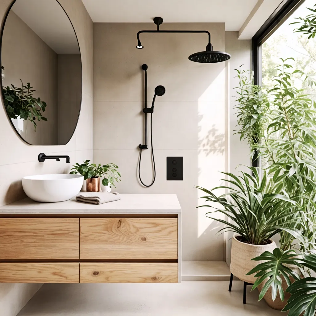 Baño de estilo moderno con detalles naturales y plantas.