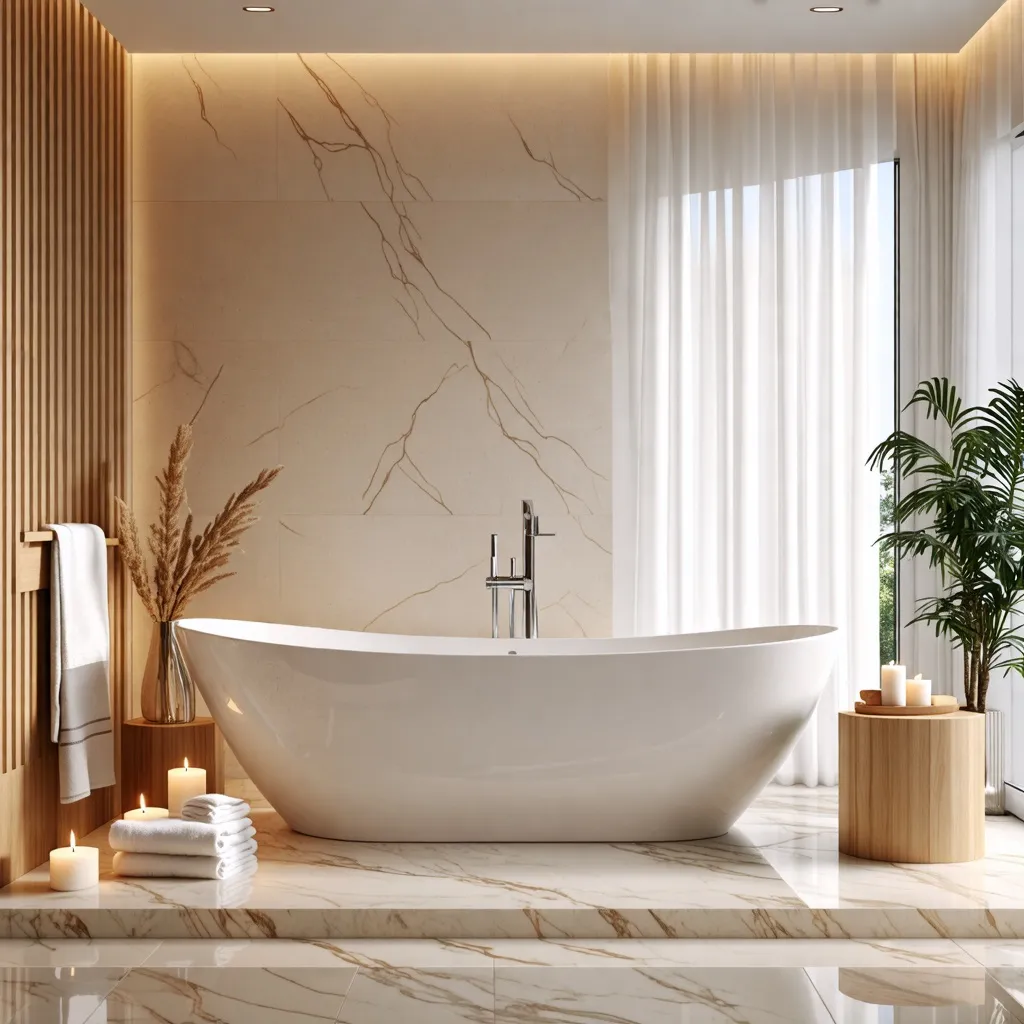 Baño de lujo con bañera exenta y detalles naturales.