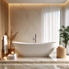 Baño de lujo con bañera exenta y detalles naturales.