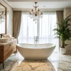 Baño de lujo con bañera exquisita y elegante iluminación.